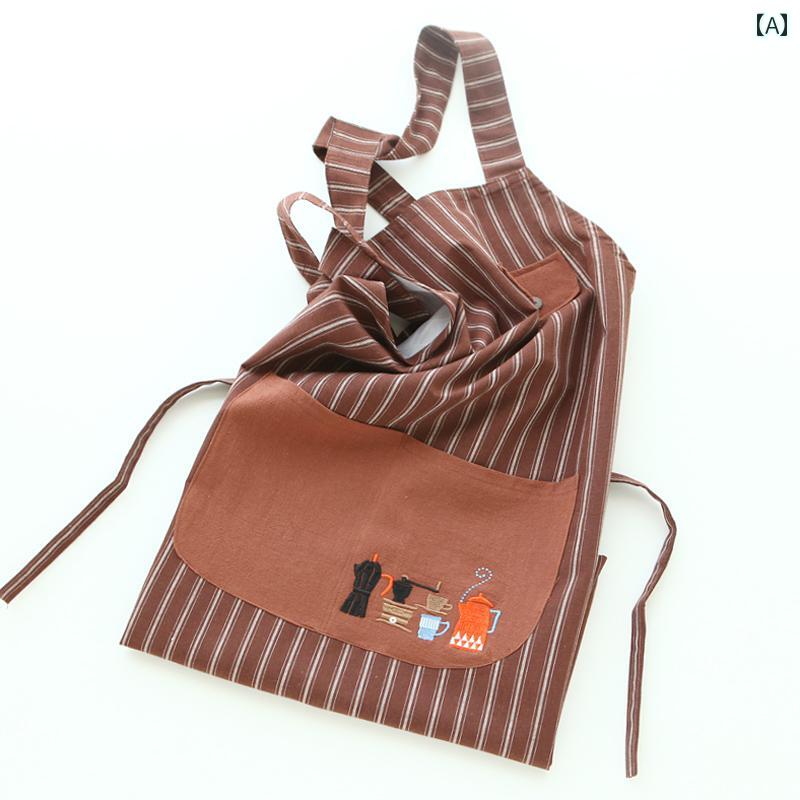 エプロン　レディース　おしゃれ 8623 シンプル リネン コットンストライプ 二 重 防水 キッチン ビブ ..