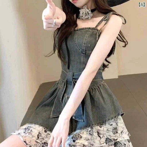 デニム ワンピース レディース フランスの レトロ 花柄 パッチワークデニム ドレス 女性用 夏用 ホット ガール 魅惑的 チューブ トップ ウエスト スリミング ショート スカート デニム ワンピース レディース フランスの レトロ 花柄 パッチワークデニム ドレス 女性用 夏用 ホット ガール 魅惑的 チューブ トップ ウエスト スリミング ショート スカート