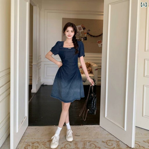 デニム ワンピース レディース 大きいサイズ 風 レトロ グラデーション デニムブルー ワンピース 女性 夏 太 MM ハイエンド スリム ウエスト ロング ショート スカート デニム ワンピース レディース 大きいサイズ 風 レトロ グラデーション デニムブルー ワンピース 女性 夏 太 MM ハイエンド スリム ウエスト ロング ショート スカート