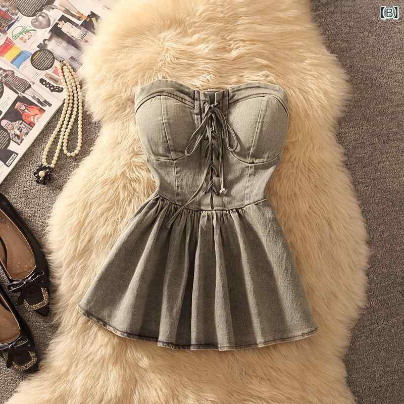 デニム　ワンピース　レディース ホット ガール セクシー チューブ トップ デニム ドレス 女性 夏 2025 スタイル ウエスト スリミング 小さい aライン ショート スカート
