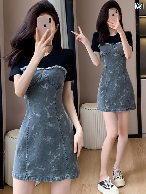 デニム　ワンピース　レディース フェイク ツーピース Tシャツ 半袖 パッチワークデニム aライン スカート 女性 夏 2025 レトロ スリム ドレス(4)