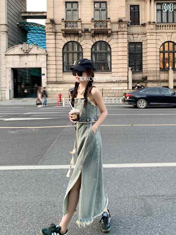 デニム　ドレス　レディース レディース フランスの レトロ デニム ドレス 2024夏の ホット ガール オーバー オール スカートは お腹を 覆い 肉を 隠す スカート