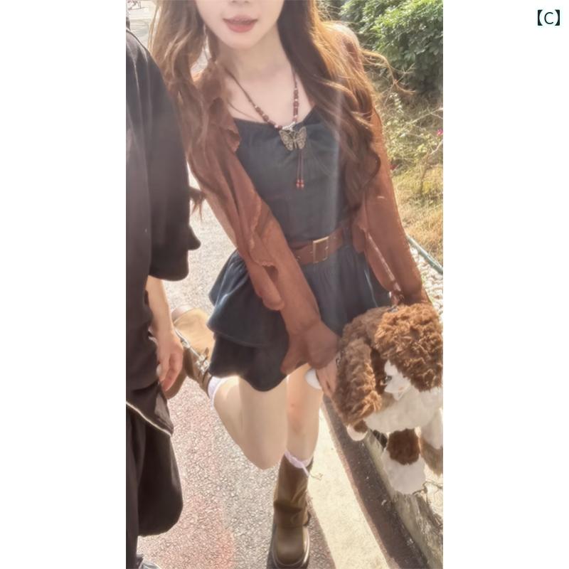 デニム　ドレス　レディース 雲南省の 女性 旅行 服 レトロ デニム サスペンダー ドレス な スタイル ウエスト aライン ショート スカート