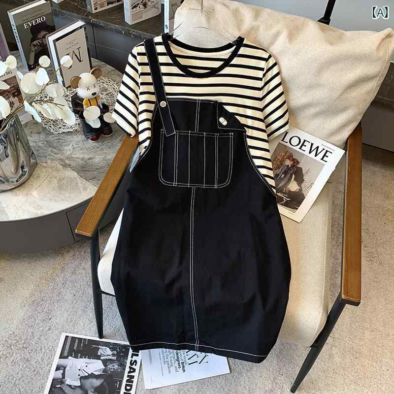 デニム　スカート　レディース Tシャツ ストライプ 半袖 夏 aライン ミドル 丈 レディース カジュアル フェイク ツーピース サスペンダー ドレス 薄手 デニム S 2025