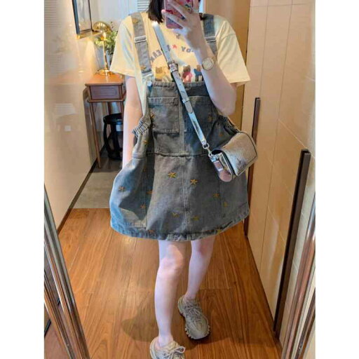 デニム スカート レディース 張 静 志 刺繍 スター デニムオーバーオール スカート デニム スカート レディース 張 静 志 刺繍 スター デニムオーバーオール スカート