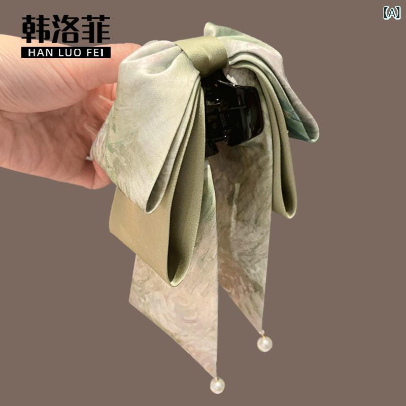 アクセサリー　シュシュ　ピン 中国 油絵の 絞り 染めの 弓の 高さ ポニーテール クリップ レディース ハイエンド 長い リボンの 頭の 後ろの 髪を つかむ