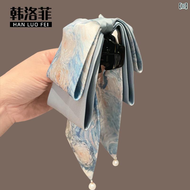 リバーパディのアクセサリー　シュシュ　ピン 中国 油絵の 絞り 染めの 弓の 高さ ポニーテール クリップ レディース ハイエンド 長い リボンの 頭の 後ろの 髪を つかむ｜アングル2