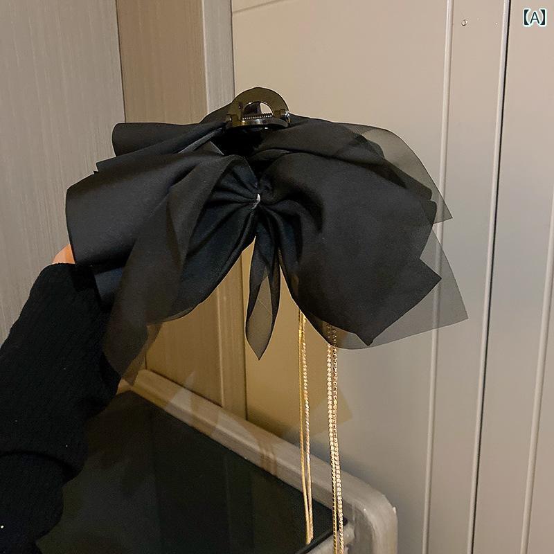 アクセサリー　ピン　ヘア ブラックメッシュ ボウ クリップ 2025 高級 タッセル ヘア ピン 女性後 頭部 サメ 飾り