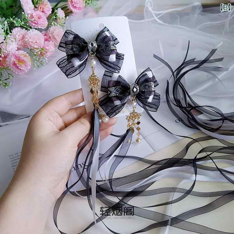 リバーパディのアクセサリー　ピン　ヘア Qingyan Pavilion A 139 新 チャイナ風 シリーズ 黒と グレーの 馬 面 スカート 蝶の 髪飾り ヘッド ドレス ロング リボン｜アングル2