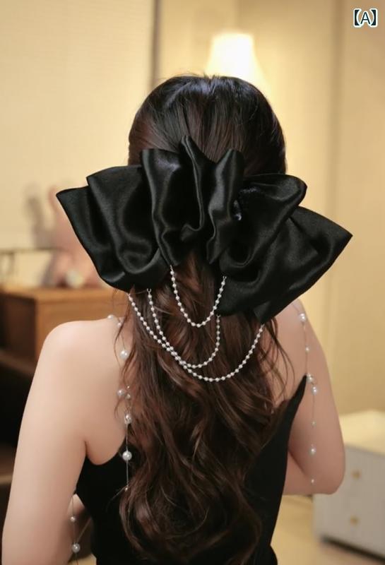 アクセサリー ピン ヘア 高級 スイート ブラック ビッグボウ チェーン ダブルレイヤー クリップ パール タッセル ヘア ピン アクセサリー