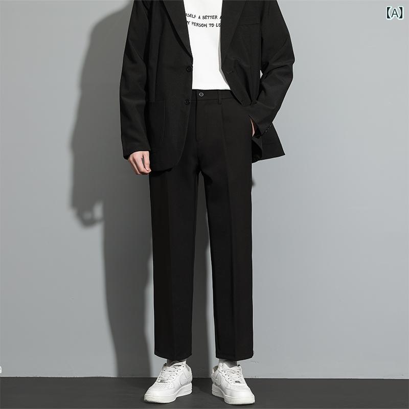 メンズ　ズボン　夏用 ロモン ブラック スーツ パンツ メンズ 夏 ドレープ ストレート スモール カジュアル 上級 ワイド レッグ(4)