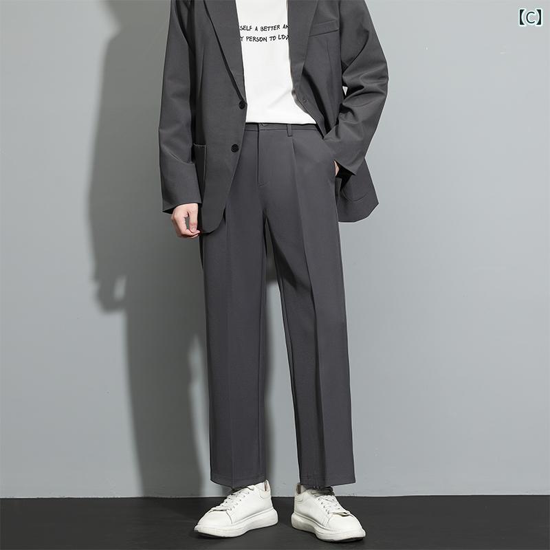 メンズ　ズボン　夏用 ロモン ブラック スーツ パンツ メンズ 夏 ドレープ ストレート スモール カジュアル 上級 ワイド レッグ