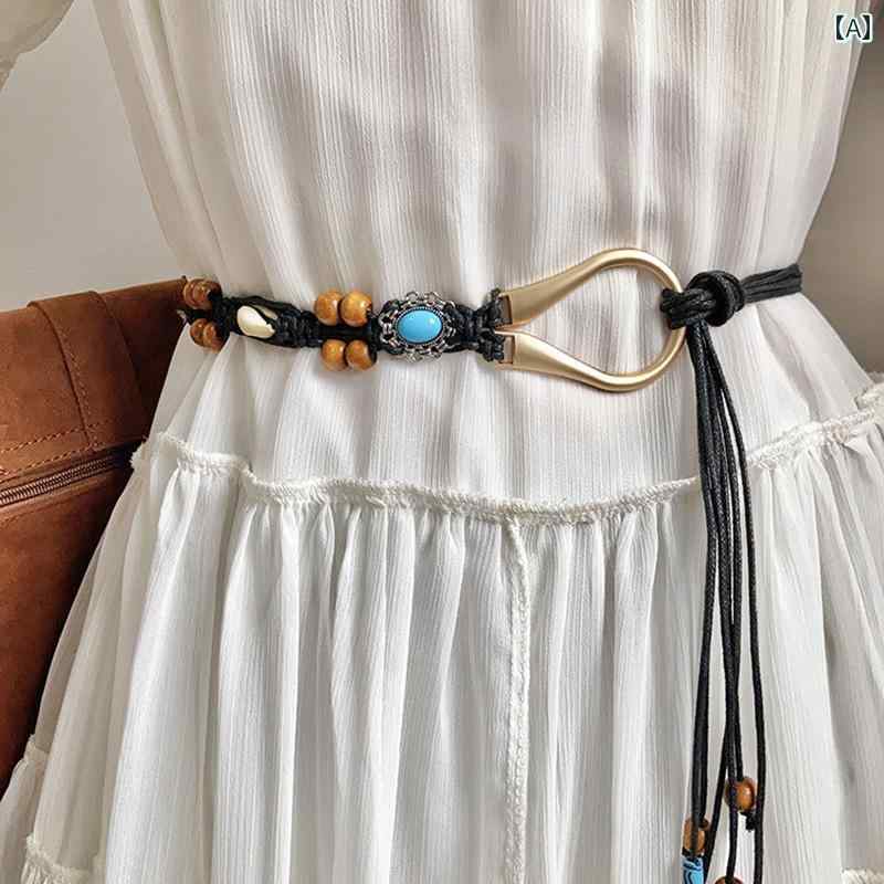 レディース　ベルト　チェーン ビーズ 編み込み ウエスト ロープ レディース エスニック ドレス 装飾 ベルト