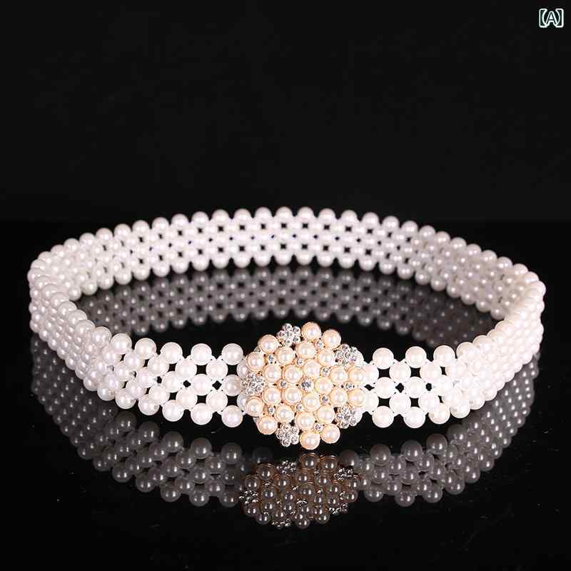 レディース　ベルト　チェーン ドレス ベルト レディースファッション ウイグル ダンス アクセサリー パールベルト 弾性 ホワイト イン