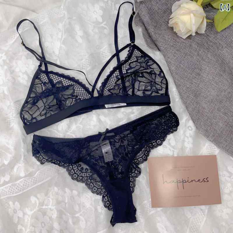 ブラ　レース　下着 フランス製 薄型 透明 レース ブラセット トライアングル カップ スチール リング..