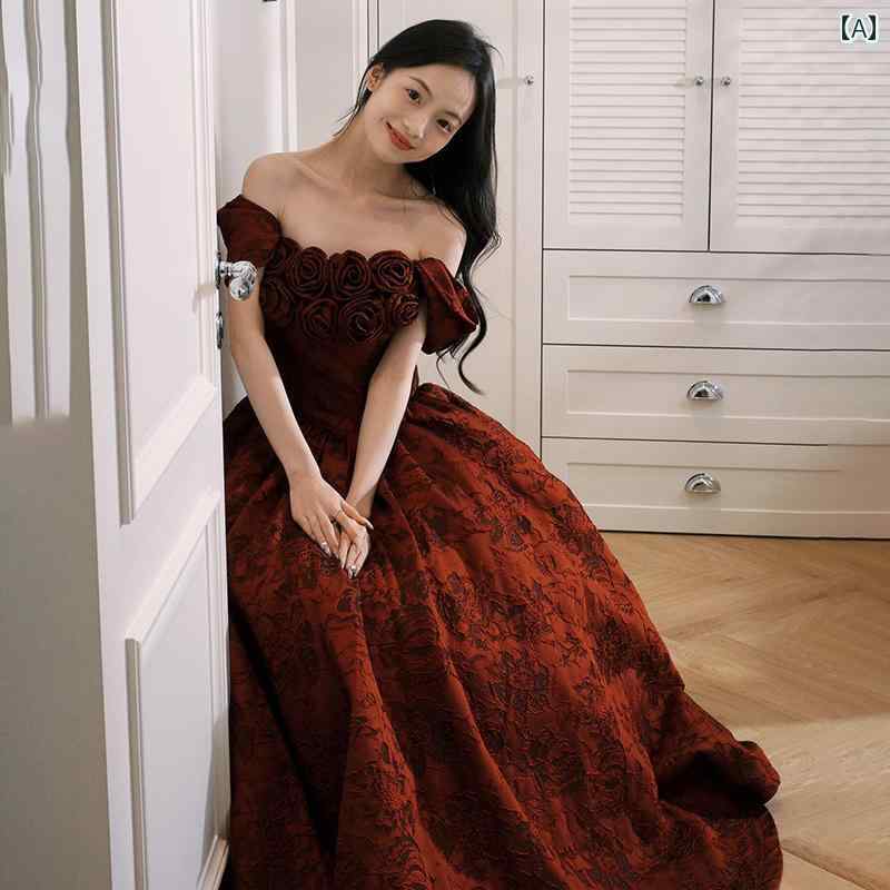 赤いドレス　レディース 大きめ サイズ 妊娠中の トースト ドレス 花嫁 2025 ワンショルダーの 赤い 婚約 mm スリム ロング スカート(4)