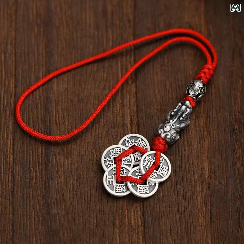 ペンダント ネックレス アクセサリー Luotai 老 銀細工 師 99 スター リング シルバー 貔貅 五 帝 金貨 ペンダント 男女兼用 レトロ ナショナル スタイル キーホルダー ジュエリー(4)