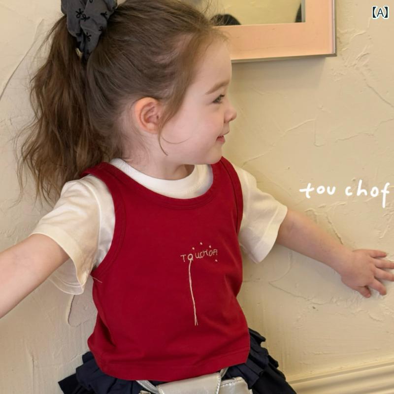 子供服　カジュアル　かわいい ファン マ 子供服 25 夏の 女の子 子供用 韓国 ベスト Tシャツ ツーピース コットン フリル ティアードスカート