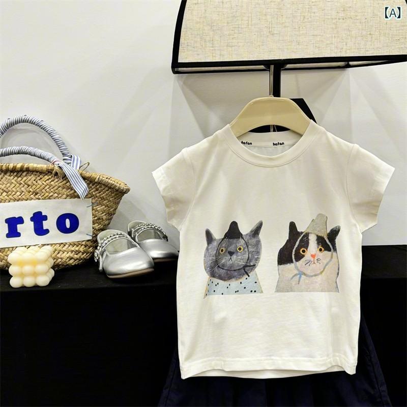 子供服　カジュアル　かわいい 【 ア ダイ キャット】 女の子 プリント 半袖 子供服 2025夏 子供用 プルオーバー おしゃれ トップス Tシャツ