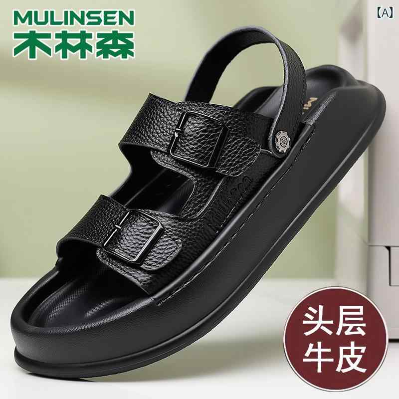 メンズ サンダル スリッパ Mulen メンズサンダル 2025夏第一層 革 アウター サンダル デュアルパーパス ドライビング ウェーディング ビーチ シューズ