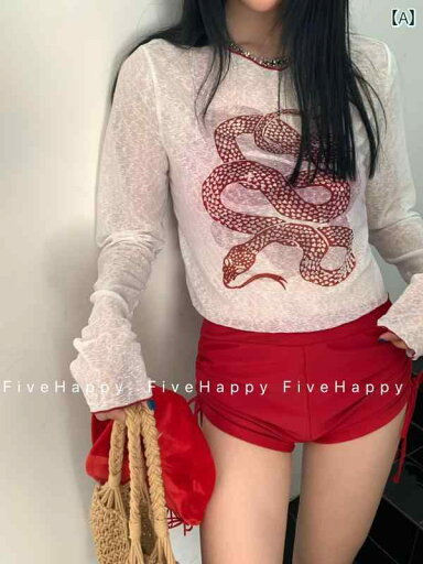 ビキニ 水着 レディース FiveHappyと アメリカ レトロ パイソン 柄の 赤い ビキニ 水着 スプリット レッド 長袖 ブラウス 女性 ビキニ 水着 レディース FiveHappyと アメリカ レトロ パイソン 柄の 赤い ビキニ 水着 スプリット レッド 長袖 ブラウス 女性