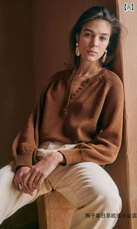 カフス ボタン シャツ 秋 フレンチ Se クラシック Vネック ボタン ストライプ 万能 パフスリーブ セーター レディース