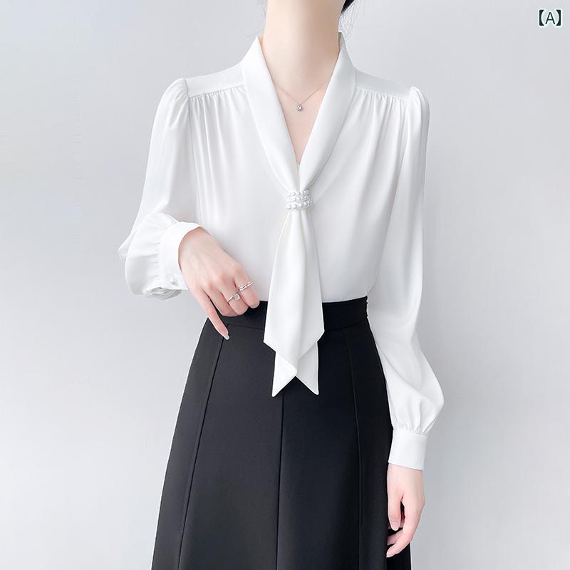 白シャツ　レディース　きれいめ Han Boya 女性用 白 プロ 長袖 シャツ 秋冬 通勤 インタビュー フレンチスタイル Vネック サテン トップ