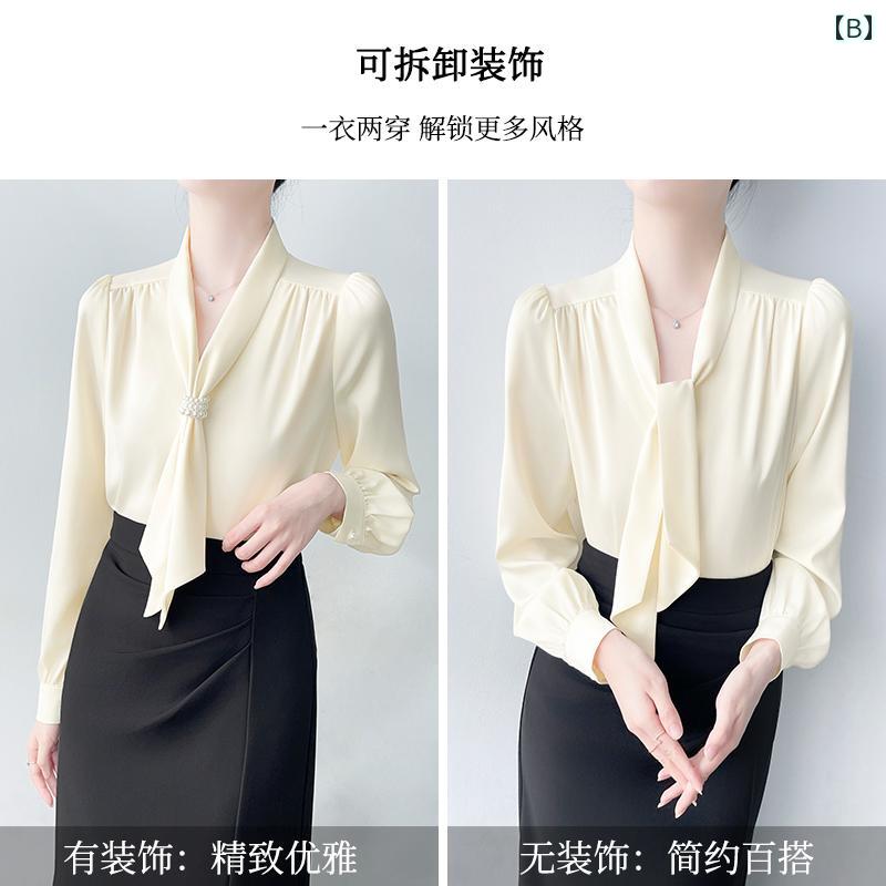 白シャツ　レディース　きれいめ Han Boya 女性用 白 プロ 長袖 シャツ 秋冬 通勤 インタビュー フレンチスタイル Vネック サテン トップ