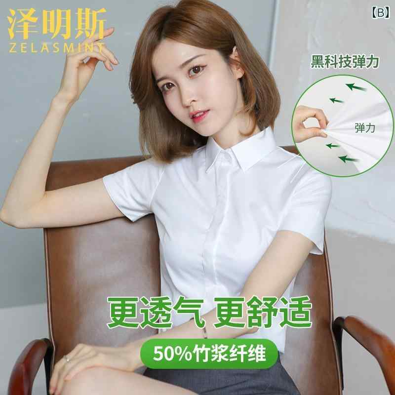 白シャツ　レディース　きれいめ ゼミ ングス ホワイト シャツ レディース 半袖 プロ フォーマルウェア 夏 薄手 竹 繊維 Vネック 作業着