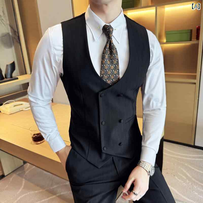 スーツ　ベスト　メンズ 英国 ダブルブレスト ストライプ ベスト メンズ 2024 ビジネス カジュアル スタイル スリム 花婿の 付添 人 スーツ