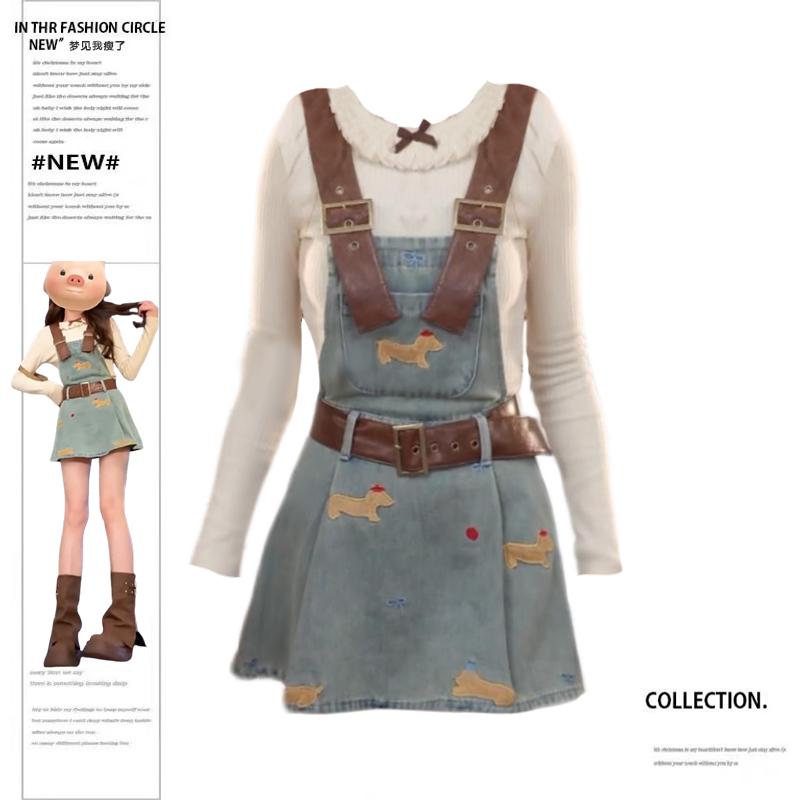 デニムワンピース レディース 大きいサイズ センスの ある の 子犬の 刺繍入り デニムオーバーオール スカート 女性用 2025 春 年齢を 感じさせにくい 万能な スリミング aライン ショート