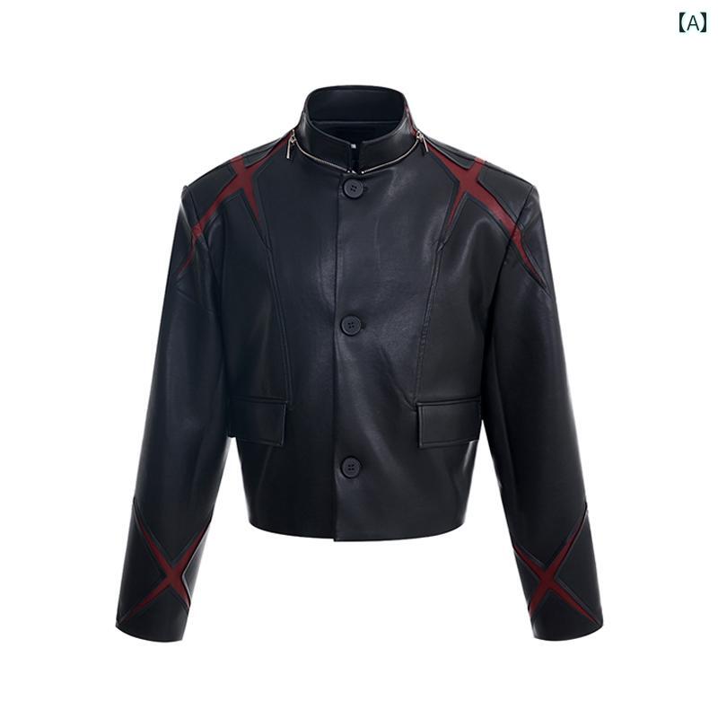 レザー　ジャケット　おしゃれ STARTEXCEEDEND ショート スタンドカラー カット モーター サイクル ジャケット メンズ 秋冬 レザージャケット