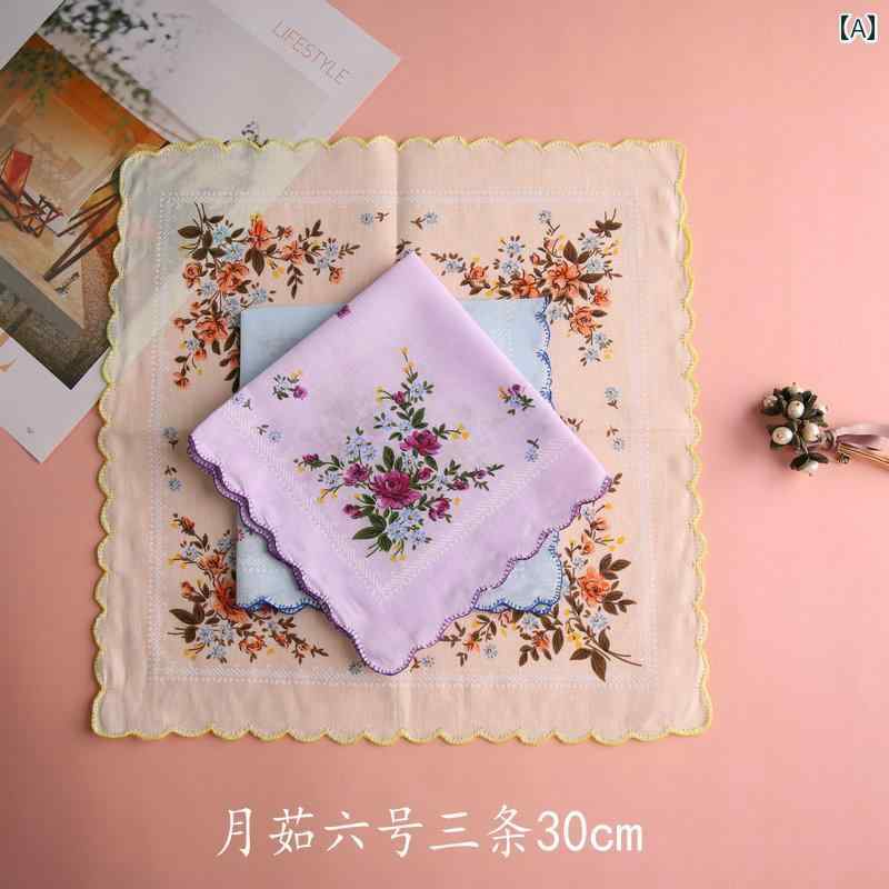 ハンカチ　ハンドタオル ヘム ジ ユエル 綿 三日月型 レトロ ハンカチ レディース 汗 拭き 30 cm 小さい 携帯用 四角い タオル
