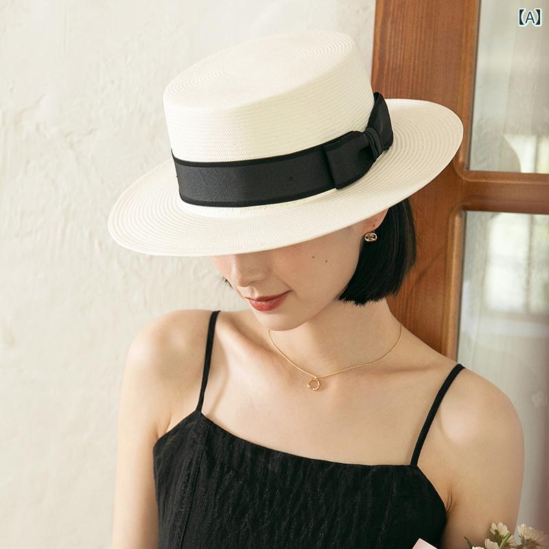 麦わら帽子　レディース　かわいい 夏の レディース 白い シルクハット 英国 レトロ フランスの フラット つば 麦わら 帽子 レディースファッション 日よけ 日焼け防止