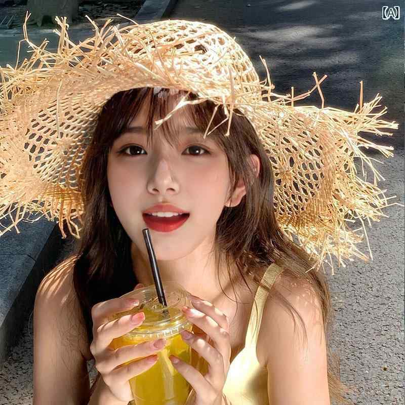 麦わら帽子　レディース　かわいい 女性用 タッセル 麦わら 帽子 夏用 ラフィア 編み ビーチハット つ..