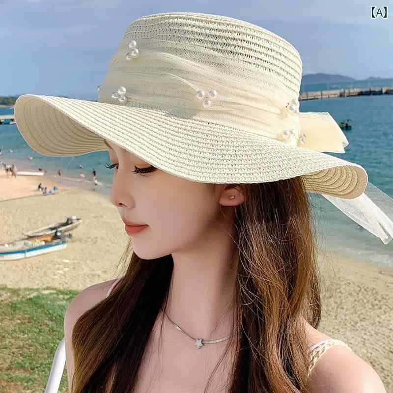 麦わら帽子　レディース　かわいい 女性用 日焼け防止 帽子 夏 2025新 パール 編み 麦わら 海辺 ビーチ 紫外線 防止 サンハット