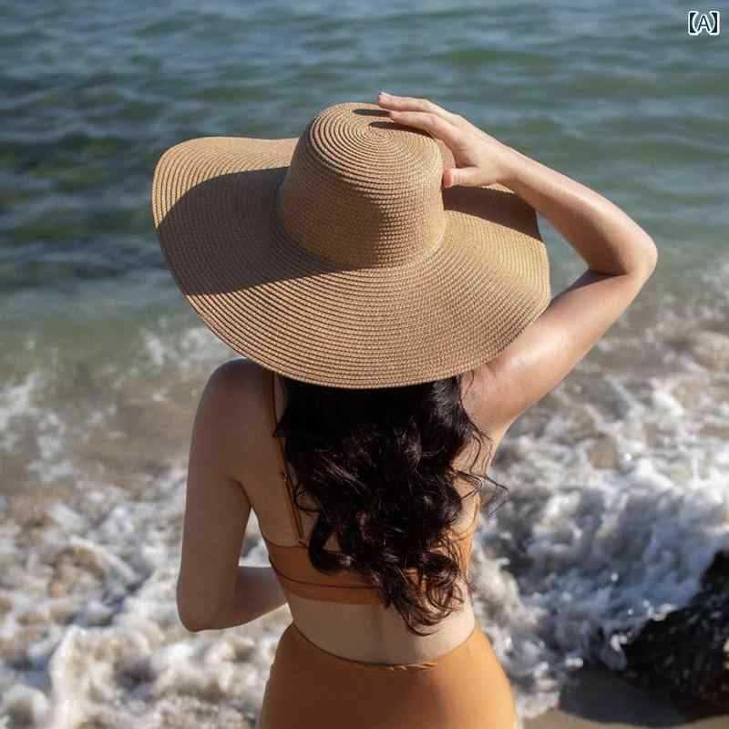 麦わら帽子　レディース　かわいい 女性用 つばの 大きい 麦わら 帽子 日焼け防止 ビーチハット 紫外線 防止 サンハット 海辺の 休日用 編み 夏用
