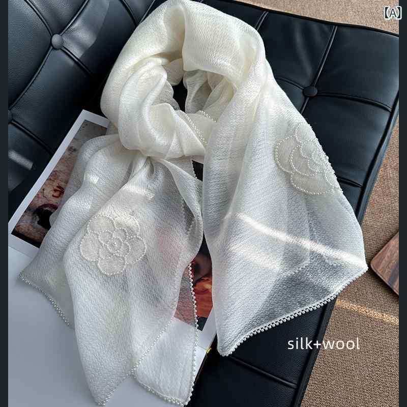 スカーフ　おしゃれ レディース ココ 暁 祥 シルクウール スカーフ 白 ショール 杭 州 レディース 薄手 パール 椿 ママ 夏用