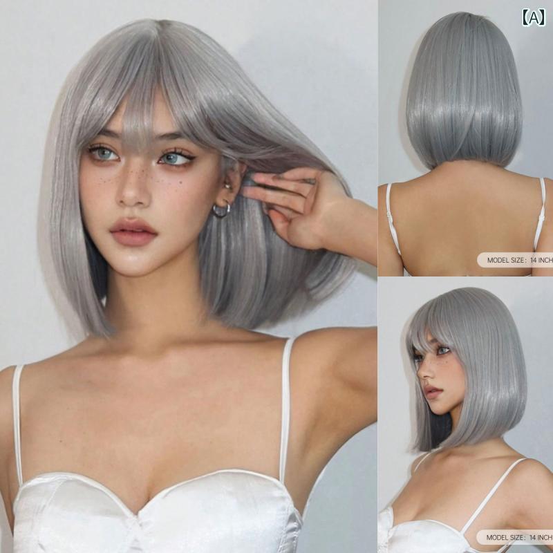 ウィッグ 女性 シルバー ウィッグ 女性 前髪 ショート ヘア シルバーグレー ファッション 機械 象徴 欧米風 コス ワン カット ヘッド ピース