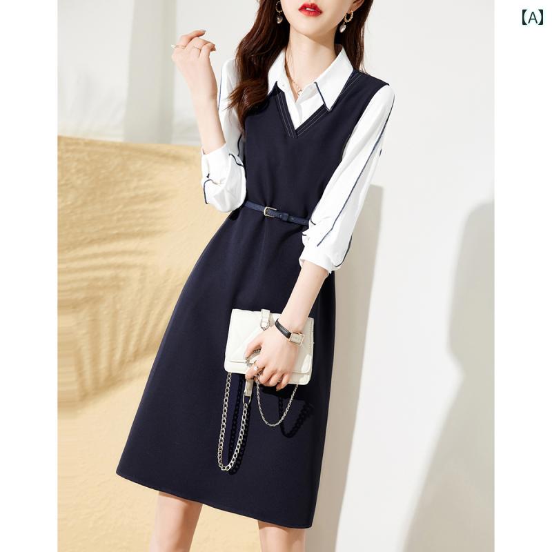シャツ ワンピース 女性 一流 の ～ 春秋 韓国 シャツ ベスト ドレス スーツ レディースベルト ウエス..