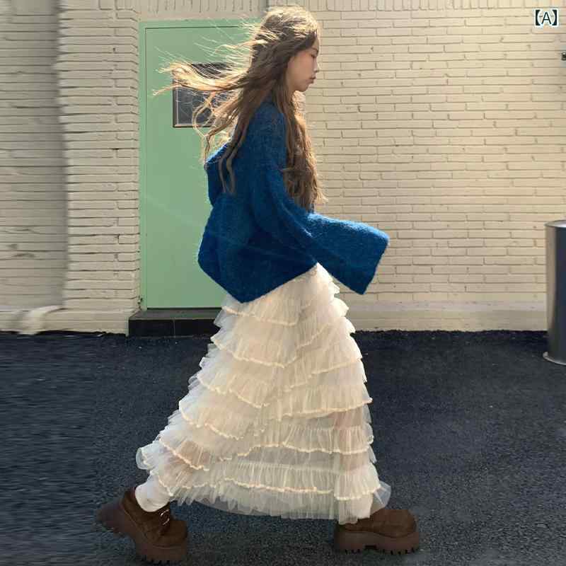 フリル スリットスカート ホワイトメッシュ スカート レディース 春秋 2025 ハイウエスト スリム aライ..