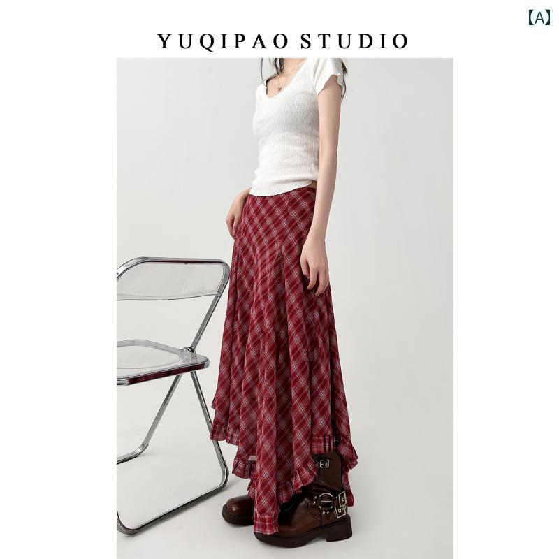 フリル スリットスカート 女性用 レトロ チェック 柄 スカート 2025 春夏 ハイウエスト スリム イヤリ..