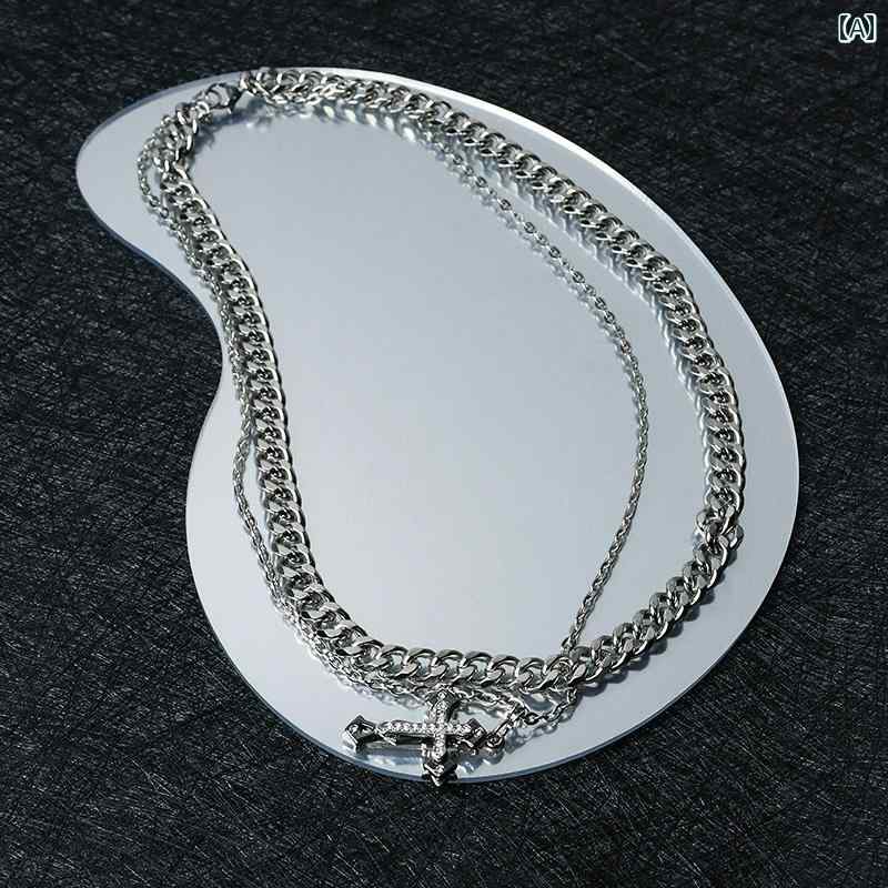 ネックレス メンズ ヒップ ホップ と アメリカ キューバ チェーン スタッキング クロス ペンダント ネックレス メンズイン ヒップ ホップ チタン スチール...