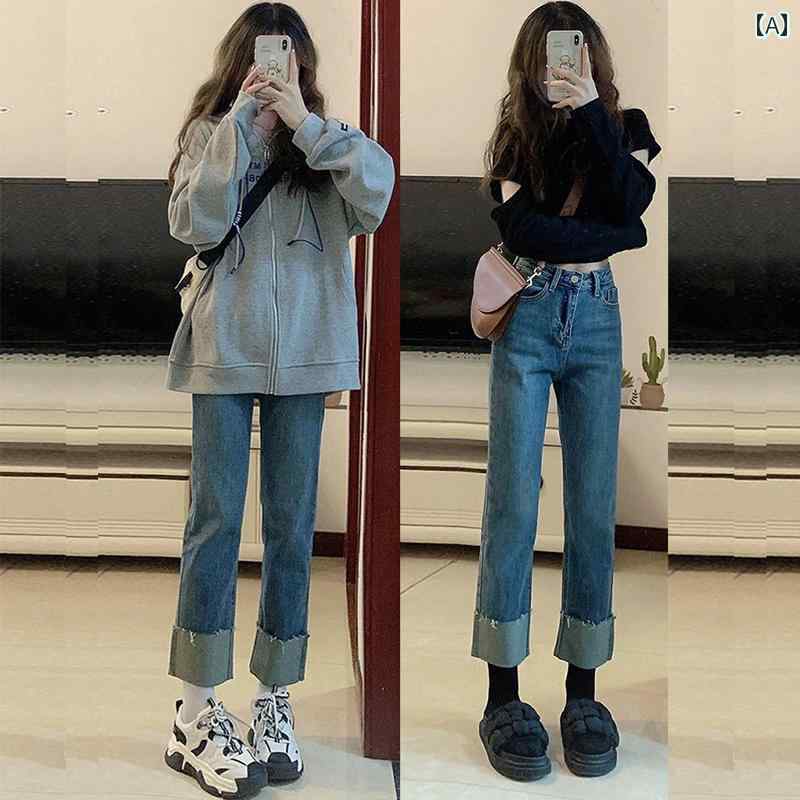 ジーンズ レディース 秋冬 梨形の レディース パンツ ハイウエスト 2025 ミリメートル 脂肪の スリム カバー クロス パイプ 大きいサイズ カール ストレート ジーンズ 9 ポイント