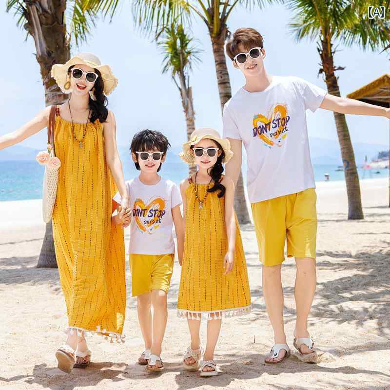 家族 ペアルック ファッション カジュアル 3人または 4人 家族向け 高級 海辺の 休日の 親子 服 2025年..