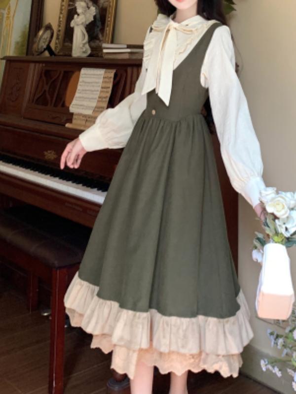 デニムワンピース レディース 大きいサイズ 森の サスペンダー スカート ドレスと シャツ mmの カレッジ スカートの 田園 風の 完全な セット