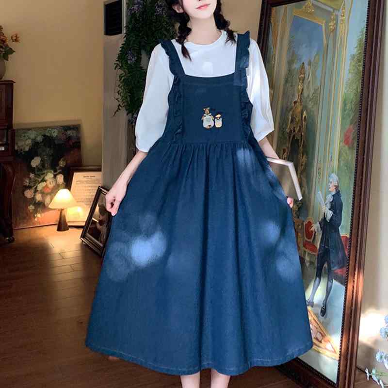 デニムワンピース レディース 甘くて かわいい 刺繍 デニムオーバーオール ワンピース レイヤリング シャツ ツーピース セット 夏 大きいサイズ ドーパミン ...