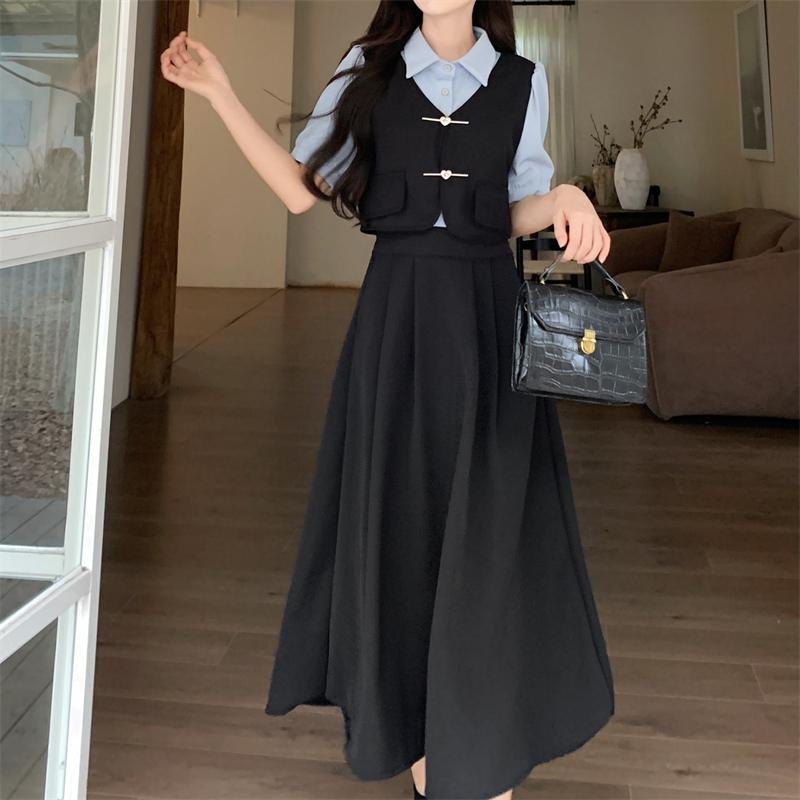 デニムワンピース レディース 大きめ サイズ レディース 長袖 サスペンダー スカート 秋冬 フレンチ フェイク ツーピースのの ドレス 少し 太って 着用 スーツ