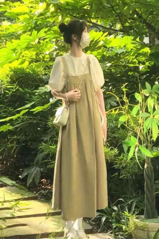 デニムワンピース レディース 女性用 ロング 丈 ツーピース ドレス カレッジ スタイル 夏用 ガールズ オーバー オール セット 足首までの