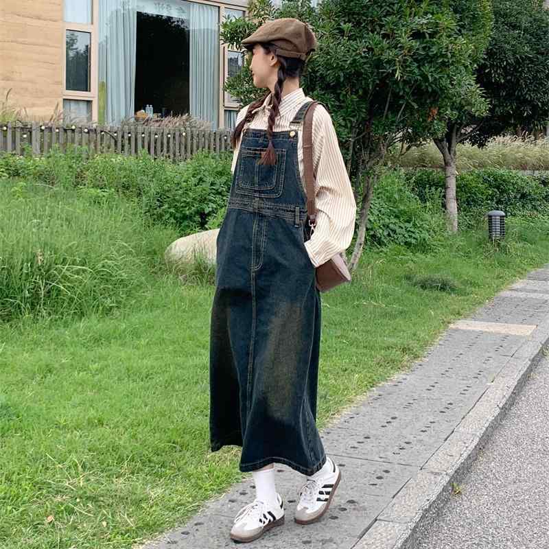 デニムワンピース レディース レトロ デニムオーバーオール スカート レディース 春秋 大きいサイズ 太い mm 韓国 スリム ゆったり ヒップ カバー 仕事 着